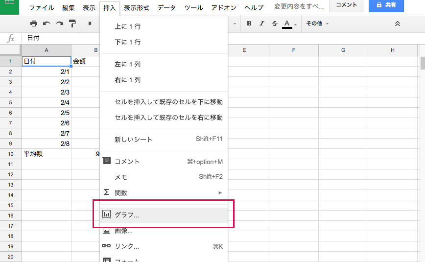 上部のメニューから 挿入 グラフの順にクリック