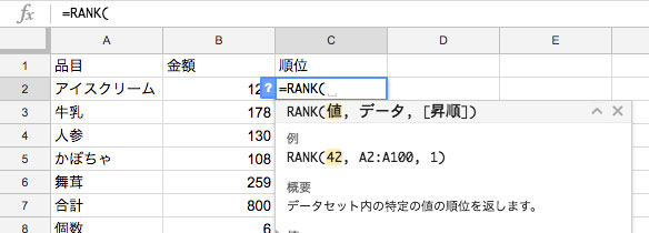 「=RANK(」を入力する