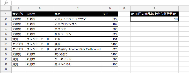 目的のセルの位置の番号を表示